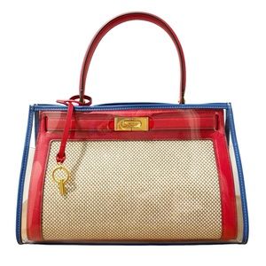 Tory Burch Lee Radziwill Leather-Trimmed Canvas Small Satchel, Red & Blue